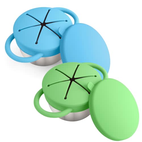 Mity rain 2PCS Stainless Steel Snack Containers for Toddlers | with Spill-Proof Silicone Lids Handles - 3-in-1 Baby Snack Cups, No-Spill Toddler Snack Box (Deep Blue+Deep Green)