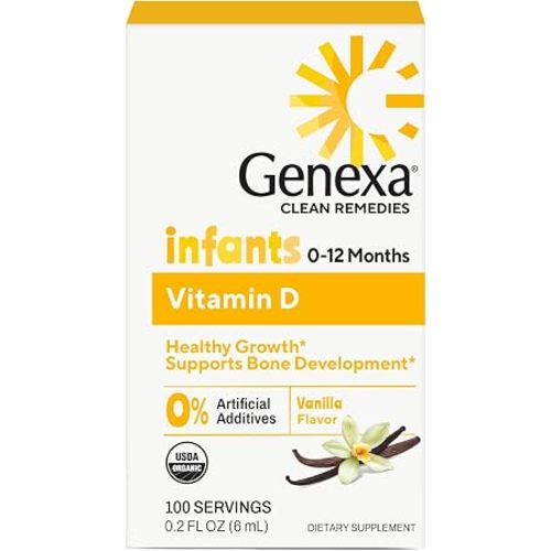 Genexa Infants Vitamin D Liquid Drops for Newborn, Baby & Toddler | Supports Growth & Bone Development | Delicious Organic Vanilla Flavor | Certified Organic, Gluten Free, & Non-GMO | 90 Servings