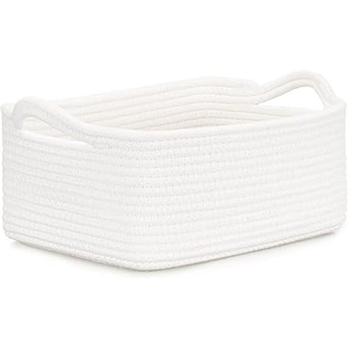 CLHMILY&Z Small Cube Storage Baskets, Decorative Woven Cotton Rope Baskets with Handles for Organizing, Shelf, Closet, Nursery, Bathroom, Toy Organizer Bins (1, White, 11.4 x 7.5 x 4.7)