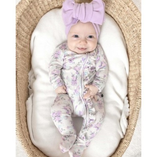 Lev Baby Girls' Bamboo Viscose Floral Ruffle Footie Pajama with 2-Way Zipper, Snug Fit - Lavender