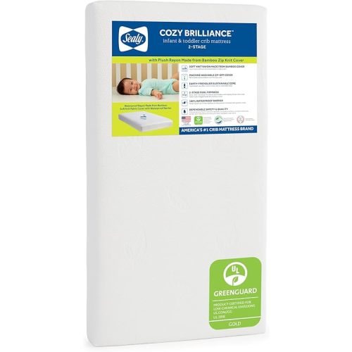 Sealy Baby Cozy Brilliance Breathable Crib Mattress, GREENGUARD GOLD Certified, Made in USA, Firm Dual Firmness, Toddler Bed Fit, Rayon, Waterproof, Non Toxic, Washable Zip Cover, 52” x 28