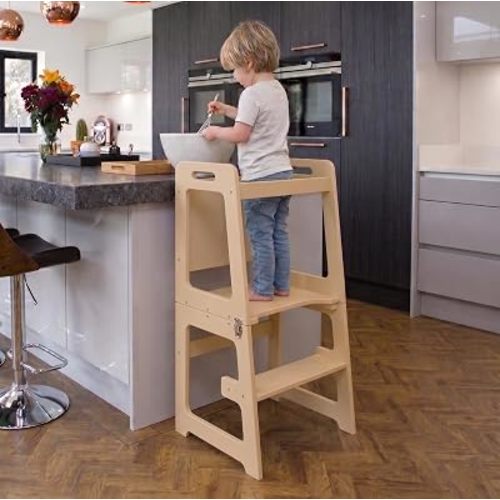 Avenlur Date 4-in-1 Foldable Tower - Toddler Step Stool with Chalkboard, Desk and Chair - Montessori and Waldorf Style Stool for Ages 18 Months to 6 Years