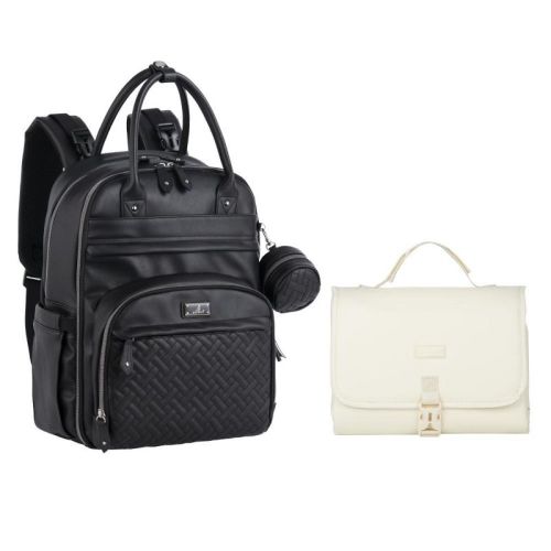 BabbleRoo Premium Bundle Vegan Leather Diaper Backpack & Changing Pad, Spacious, Black Bag & Eggshell Pad, Pañaleras Para Bebe