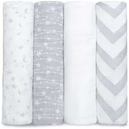 Muslin Swaddle Blankets, for Baby, 4 Pack, Cute Swaddling and Nursing Covers, Soft and Breathable Bamboo Cotton, Gender Neutral, Receiving and Tummy Time Use by Comfy Cubs - White