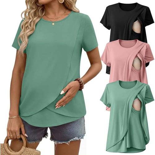 Ekouaer Nursing Shirts 3 Packs Short Sleeve Breastfeeding Tops Summer Maternity T Shirts Postpartum Double Layer Clothes