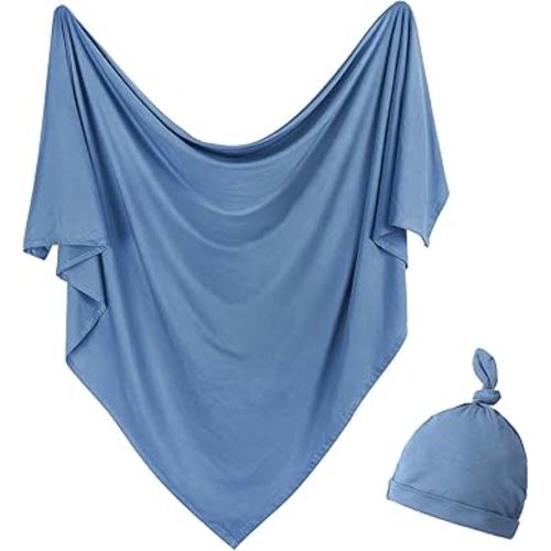 OWLOWLA Newborn Swaddle Set Stretch Wrap Swaddle Receiving Blanket for Baby Boy Girl(Steel Blue)