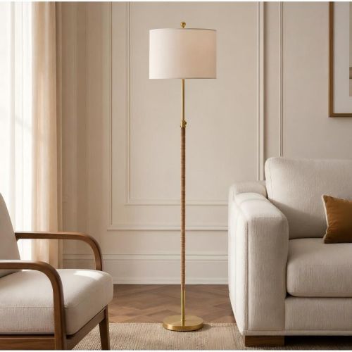 Maxax Farmhouse Rattan Floor Lamp，Boho Gold Adjustable Height Standing Lamp with Oatmeal Shade for Bedroom Office Living Room