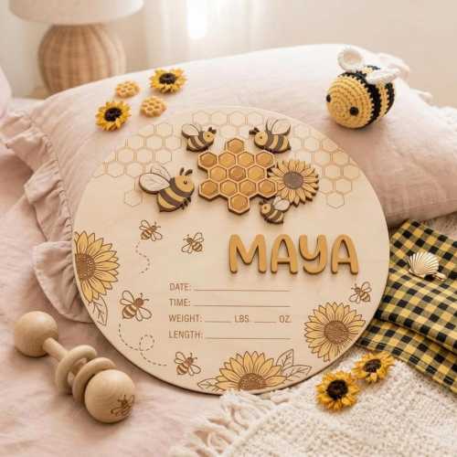 Personalized Bee Baby Name Sign, Sunflower Birth Stats Plaque, Honeycomb Nursery Decor, Wooden Newborn Keepsake, Baby Girl Gift