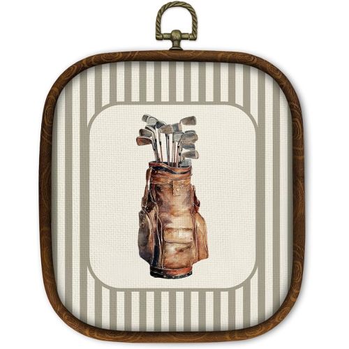 WULQYING Golf Bag Sports Nursery Wall Art Decor, Boys Room Square Framed Canvas Art Prints, Neutral Striped Sport Lover Gift Wall Hanging Decor for Kids Nursery Room Playroom, 5.7x6.5 Inches