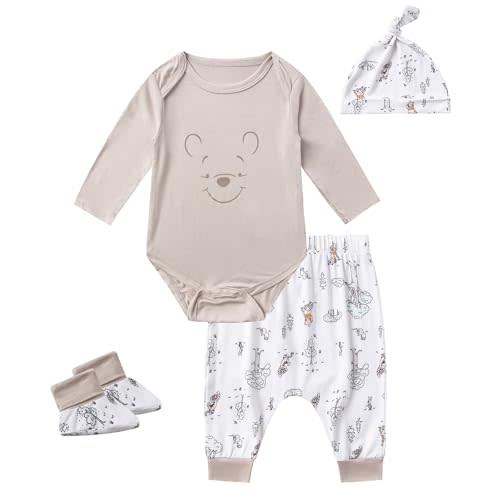Disney Winnie the Pooh Baby Boys 4 Pack Bamboo Viscose Long Sleeve Bodysuit with Booties, Hat, and Pants Set for Infant