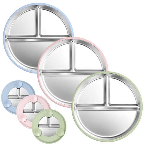 Vesteel 3-Piece Stainless Steel Toddler Plate with Suction, 9" Divided Dinner & Snack Plates with Removable Silicone Sleeves for Kids, Non Slip & Dishwasher Safe, Blue/Pink/Green