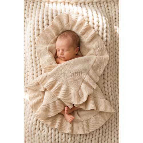 Embroidered Knit Blanket With Ruffle | Oatmeal