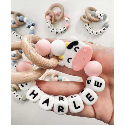 Personalized Baby Ring | Baby Sensory Toy Gift | Silicone Ring with Name | Baby Shower Gift | Custom Silicone & Wooden Baby Shower Gift