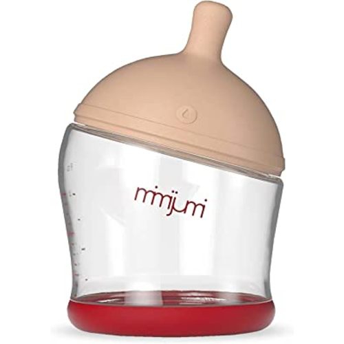 mimijumi Baby Bottle (2 pcs.) Not So Hungry 4 oz Bottle with Slow Flow, Lighter Nipple - Medical Grade Silicone Anti-Colic Baby Bottles for Breastfed Babies - Newborns 0-6 Months