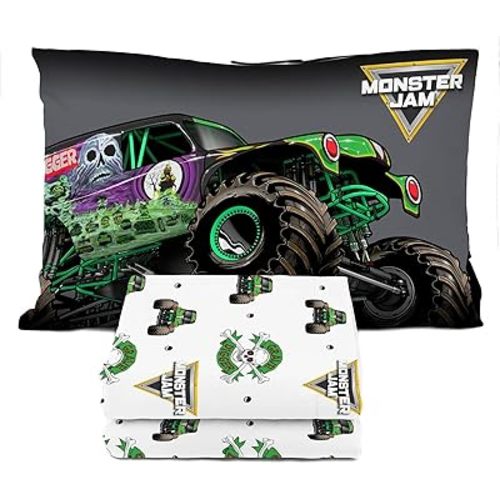 Sunny Side Up Monster Jam Grave Digger Toddler Sheet Set - 3 Piece Toddler Bedding Set Includes Pillow Cover - Super Soft Microfiber Sheets