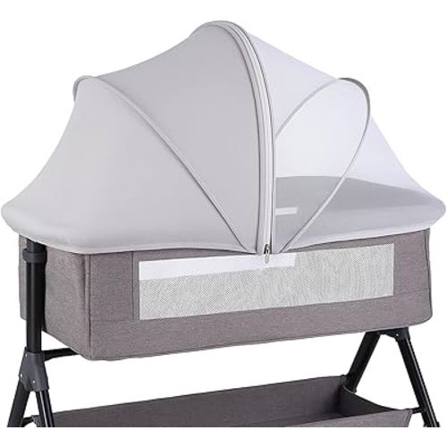 Portable Bassinet Cover with Mosquito Net & 2-Way Zipper, Mosquito Net to Block Light, Bassinet Bedside Sleeper Crib Tent for Toddler Baby, Keep Cats/Bugs Out（Grey）