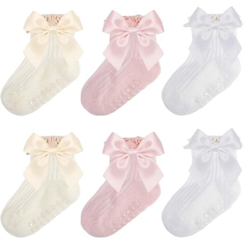 Baby Socks Baby Girl Non Slip Grip Ruffle Socks with Bows Soft Cotton Toddler Girl Sock with Grips Newborn Infant
