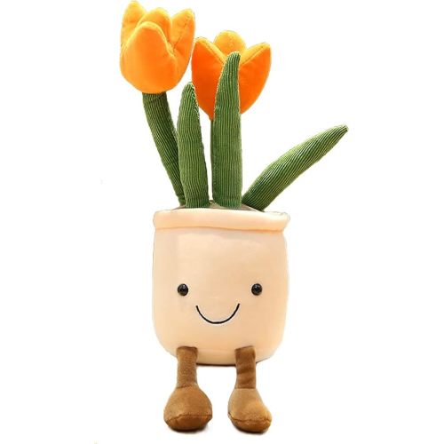 Tulip Plush Toy, 13" Orange Flower Pot Stuffed Throw Plushie Pillow Doll, Soft Fluffy Plant Friend Hugging Cushion - Present for Every Age & Occasion