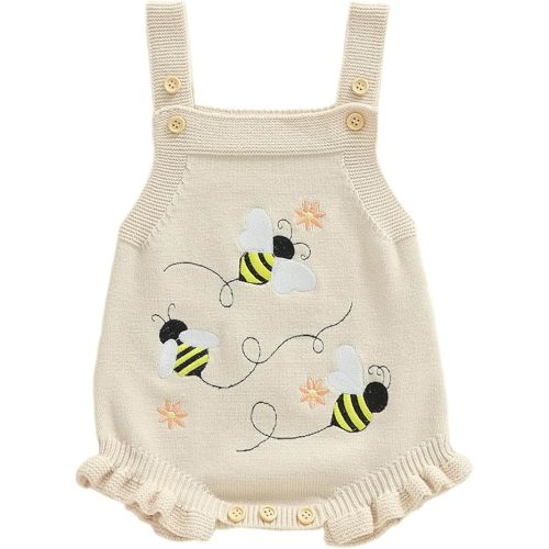 Baby Girl Fall Outfits Newborn Sleeveless Knit Sweater Romper Floral/Bee Onesie Cute Winter One Piece Knitted Outfit