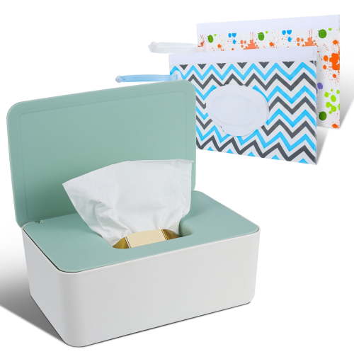 DISEN Refillable Baby Wipe Case,Baby Wipes Dispenser,Wet Wipe Holder with 2 Pcs Portable Travel Wipes Pouch, Diaper Wipes Container with Lids and Sealing Design(Green)