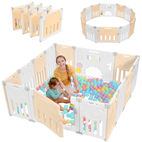 Dripex Baby Playpen, 14-Panel Foldable Playard for Toddlers 6-36 Months, Adjustable & Portable Indoor Outdoor Safety Play Area with Anti-Pinch Design, Game Panel and Safety Gate, Yellow White