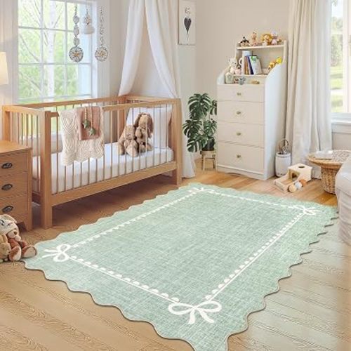 GarveeHome Scalloped Bow Rug for Living Room, Sage Green Rug for Dorm, Washable Rugs 3x5 Soft Low Pile Non Slip Scalloped Rugs for Nursery College Bedroom Decor Kids Room Playroom