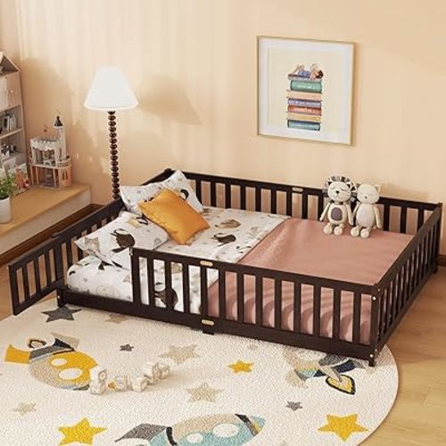 Full Floor Bed with Safety Guardrails for Kids, Rubber Wood Montessori Bed with Slats and Convertible Door,Full Size Bed Frame for Girls and Boys,No Box Spring Needed,Espresso