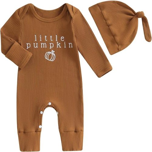 YOKJZJD Newborn Baby Boy Girl Halloween Outfit New To The Crew Knitted Long Sleeve Romper Jumpsuit with Hat Fall Clothes