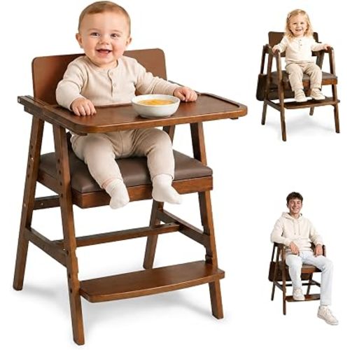 3-in-1 Wooden High Chair with Steps & Adjustable Tray for Baby Toddler