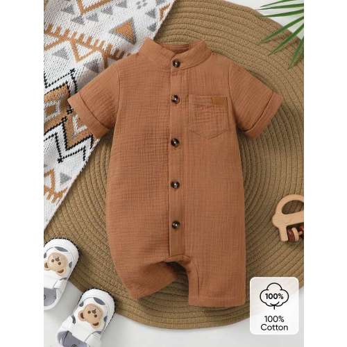SHEIN 1pc Baby Boys White Short Sleeve Snap-Up Romper, Soft Comfortable Casual Jumpsuit Suitable For Home, Outdoor, Travel, Spring/Summer Brown Baby Clothes Mocha Baby Clothes Jumpsuit For Baby Boy Brown Toddler Boy Romper Baby Casual Romper | SHEIN USA