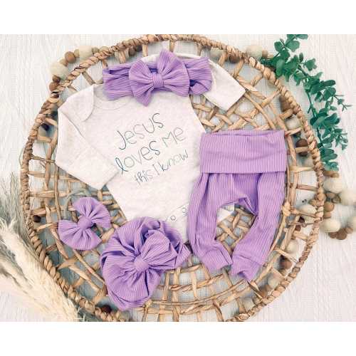 Jesus Loves Me Baby Outfit: Embroidered Bodysuit, Purple Bummies & Bow