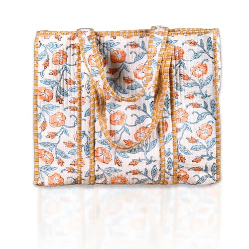 Trade Star 100% Cotton Hand Block Print Quilted Tote Bag Eco-Friendly Boho Shopper Vintage Shoulder Bag for Women