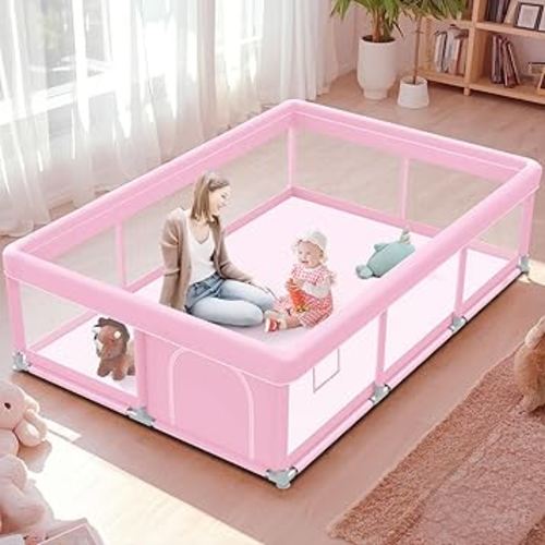 Pink Baby Playpen 74x50 Inches Playpen for Little Princess Play Yards Indoor & Outdoor Sturdy Safety Baby Girls Play Pen with Soft Breathable Mesh Toddlers Activity Center with Anti-Slip Base