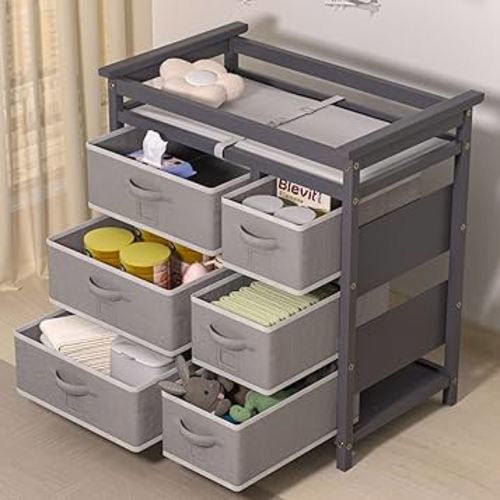 XJD Baby Changing Table with 6 Drawers Storage Station, Baby Changing Station Diaper Changing Station (Grey)
