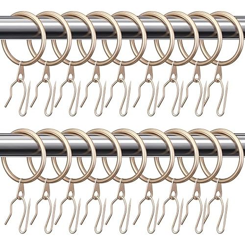 Hotop 30 Pcs Metal Drapery Curtain Rings 0.98/1.26/1.65 inch Interior Diameter and 30 Pcs Hanging Curtain Drapery Pin Hooks for Window Door Shower(42mm,Champagne Gold)