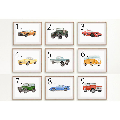 Gallery wall, Set of 4, 5, 6, 7, 8, 9, Car wall decor, Car nursery theme, watercolor vehicles, watercolor cars, nursery vehicle art