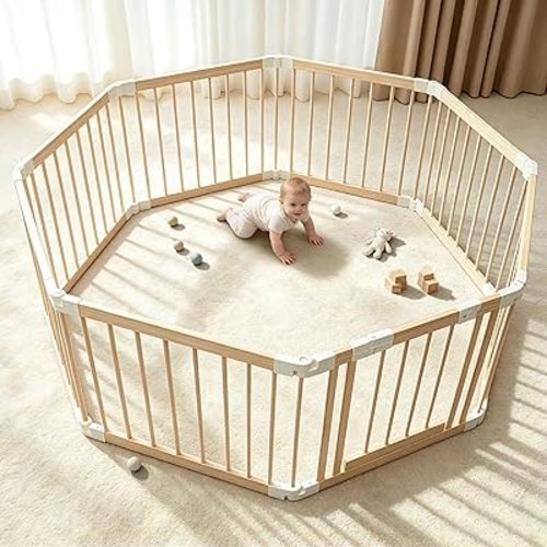Baby Gate Playpen, Wooden Playpen for Babies and Toddlers, Foldable Baby Fence Play Area with Child-Proof Lock Large Adjustable Play Yard for Babies Toddlers (58 x 58 x 24 inches)
