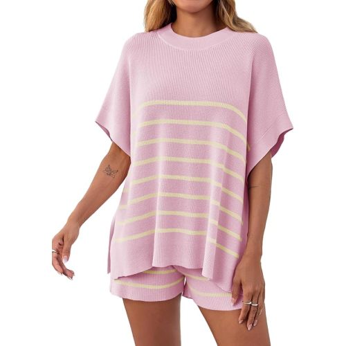 Fisoew Women's Striped 2 Piece Outfits Oversized Batwing Short Sleeve Tops High Waisted Shorts Summer Knit Lounge Short Sets