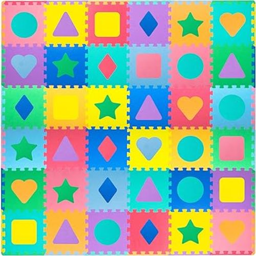 ProSource Kids Foam Puzzle Floor Play Mat with Shapes & Colors 36 Tiles, 12"x12" and 24 Borders