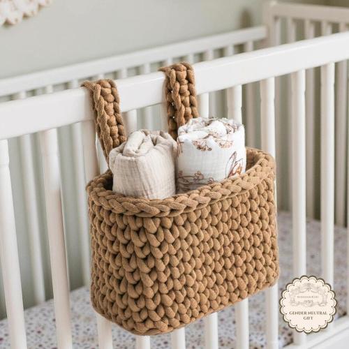 Knit Crib Organizer Nursery Storage Solution Handmade Baby Caddy Diaper Changing Station Accessory Bedside Essential Holder Hanging Basket