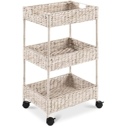 Best Choice Products 3-Tier Water Hyacinth Rolling Nursery Caddy w/Wheels, Utility Cart, Storage Organization for Bathroom, Craft Room, Laundry Room - Whitewash