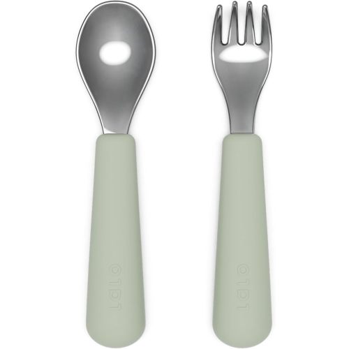 Lalo Utensils - Toddler Fork and Spoon Set - Stainless Steel and Silicone Ergonomic Toddler Utensils - Children Safe Flatware Set - 2 Pieces - Sage