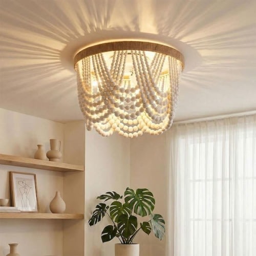 12.6 in. 3-Light Antique Rustic White Flush Mount Bohemia Wood Beaded Ceiling Light Mini Chandelier