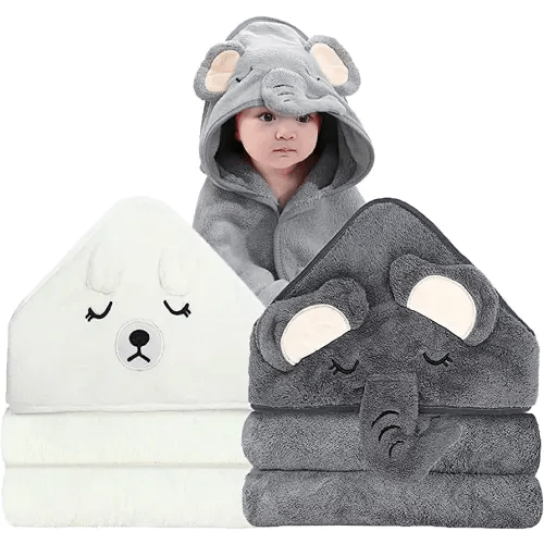2 Pack Hooded Baby Towels - Premium Ultra Soft Organic Baby Bath Towel – Absorbent and Hypoallergenic Towels for Baby Boy Girl, Toddler, Newborn Essentials (Elephant & Bear)