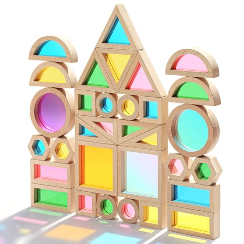 Wooden Building Blocks Set with Colored Acrylic Windows - 32 Pieces - Montessori Light Table Educational Sensory Stacking Toys for Toddlers & Preschoolers Ages 18M+