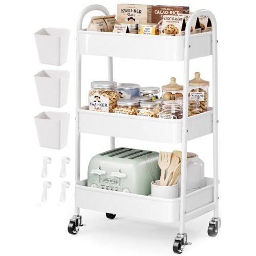 Heavy Duty 3 Tier Rolling Cart Metal with Wheels, White Three Tiered Shelf | Utility Roller Storage Carts Organizer on Wheels for Art, Craft,Baby Nursery, Diaper Caddy,Postpartum,Bedside,Cleaning Supply