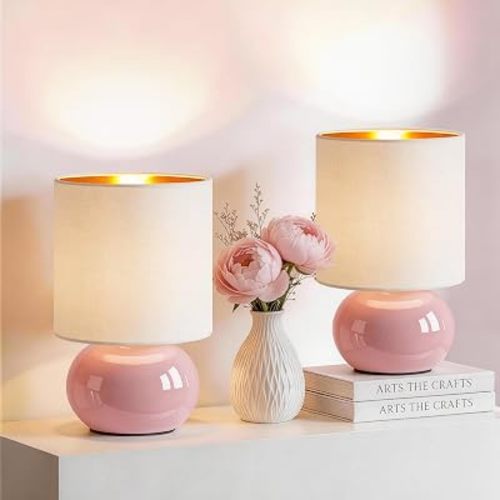 Hamucd Ceramic Table Lamps Set of 2, Modern Classic Bedside Lamps for Nightstand, Small Table Lamp for Bedroom Living Room Desk End Table (Pink)