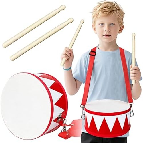 Kids Drum Set,8 in Wooden Toy Drum Set,Educational Baby Musical Toys Drum with Adjustable Strap 2 Drumsticks,Sensory Musical Instrument Drum Toy for Toddler Boys & Girls Gift(Red)