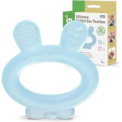 Haakaa Silicone Baby Teether - Rabbit Ear Frozen Teething Toy for Babies 3-6 Months- Cold Teething Relief - BPA Free Silicone -Blue