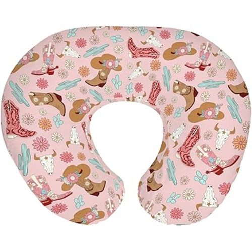 Boho Western Cowgirl Baby Nursing Pillow Covers for Girl Pink Cowgirls Boots Hat Cactus Floral Cow Skulls Nursery Slipcovers for Breastfeeding Pillows Wild West Soft Stretchy Cover for Newborn Infant